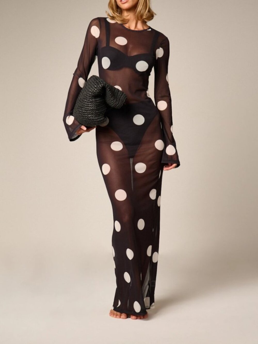 Black Polka Dot Sheer Mesh Maxi Dress Bell Sleeve
